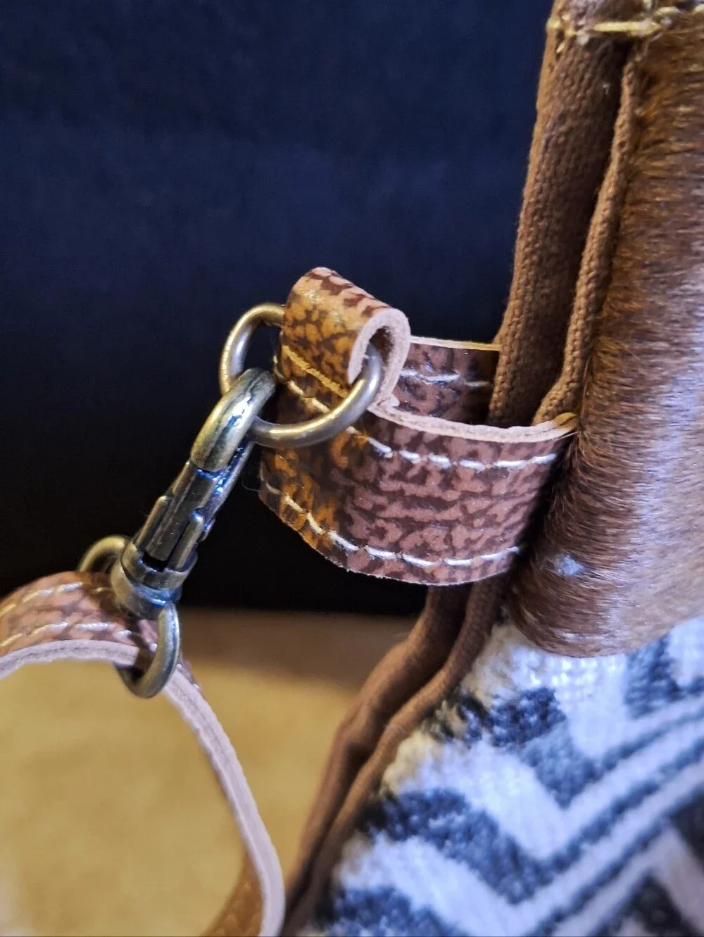 Myra Bag Staggering Crossbody Bag Brown Canvas Leather Cow Hair Western Zip Top
